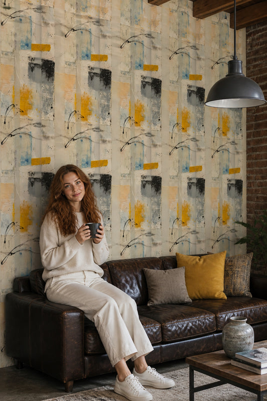 Soyut Geometrik Duvar Kağıdı Bej Sarı Modern Salon