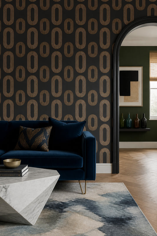 Geometrik Halka Desenli Duvar Kağıdı Siyah Altın Salon