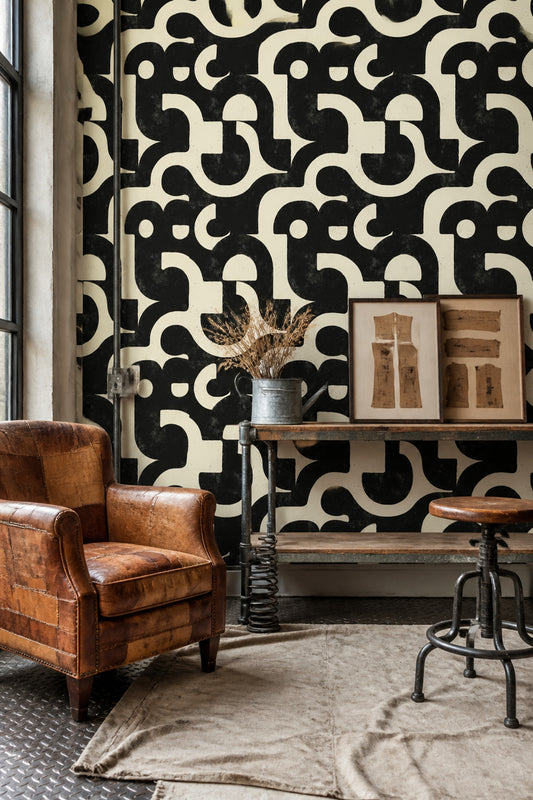 Soyut Geometrik Duvar Kağıdı Siyah Krem Salon Desenli