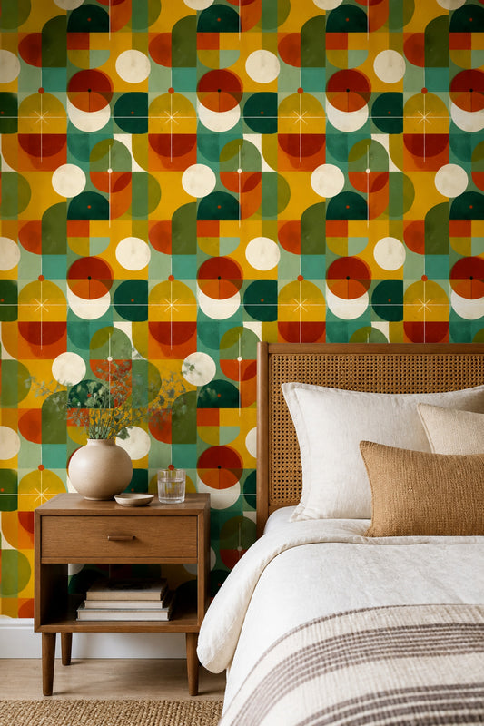 Retro Geometrik Duvar Kağıdı Hardal Yeşil Desenli Salon