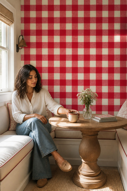 Kırmızı Beyaz Kareli Duvar Kağıdı Modern Salon Deseni