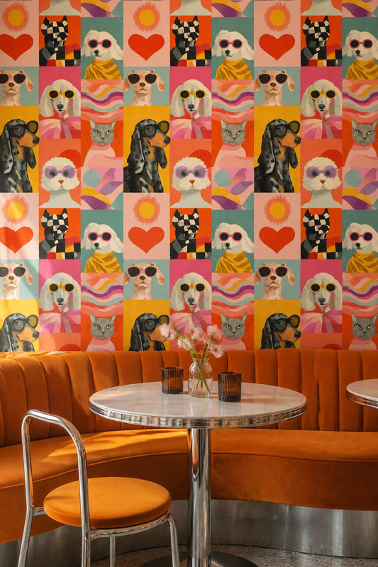 Renkli Hayvan İllüstrasyonlu Duvar Kağıdı Modern Pop Art Desen