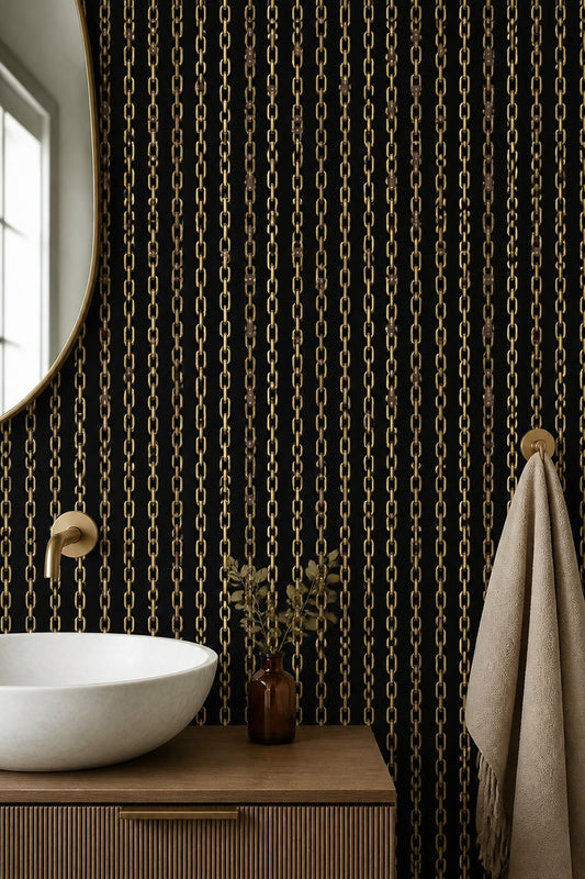 Altın Zincir Desenli Duvar Kağıdı Siyah Modern Banyo