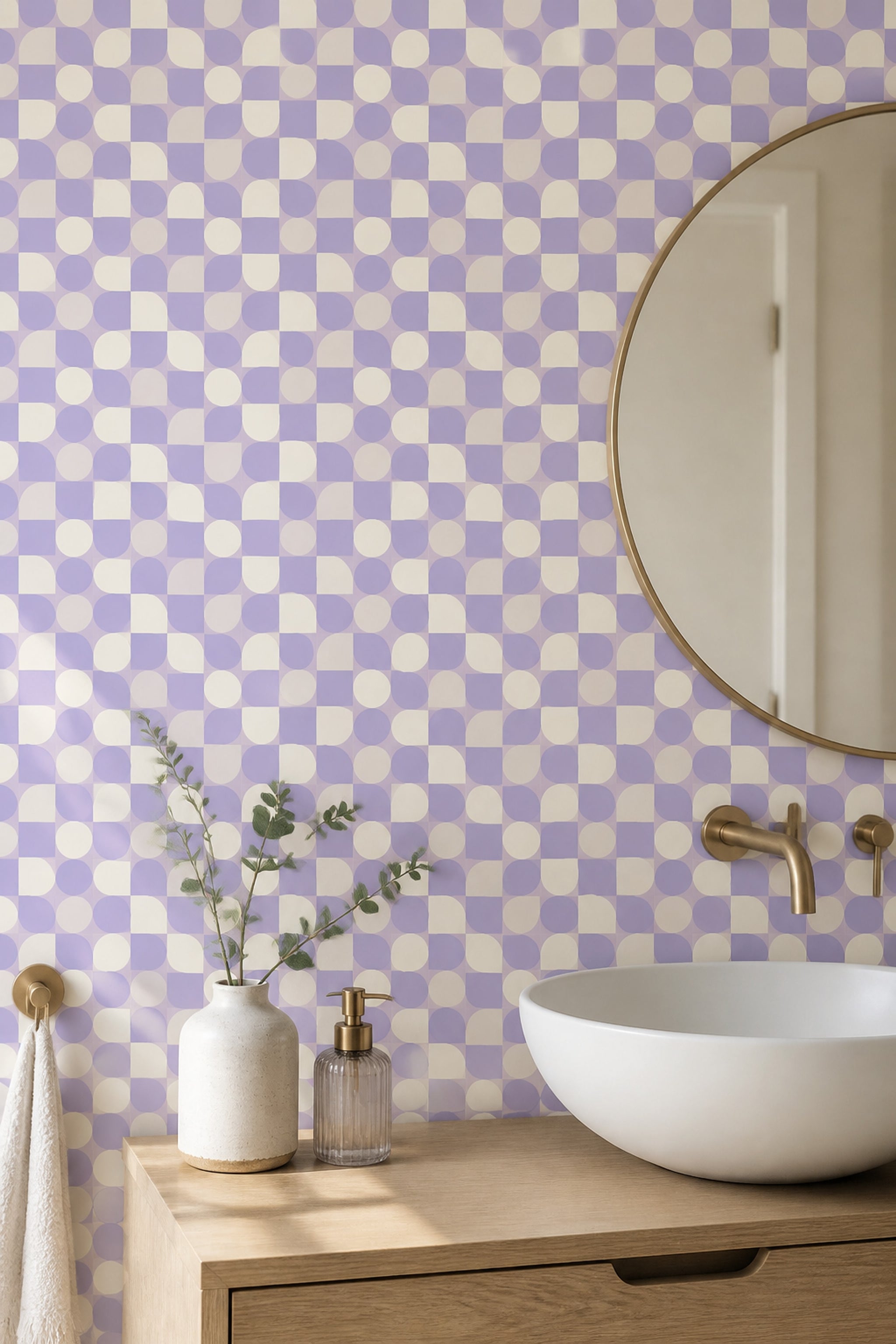 Geometrik Damalı Duvar Kağıdı Lila Krem Banyo Desenli