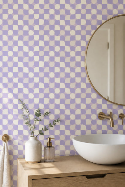 Geometrik Damalı Duvar Kağıdı Lila Krem Banyo Desenli