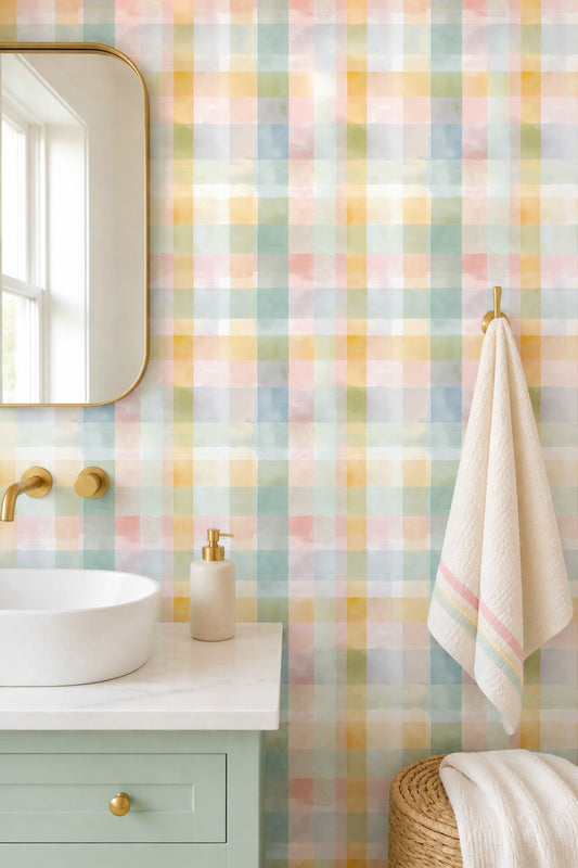 Pastel Kareli Duvar Kağıdı Renkli Ekose Banyo Deseni