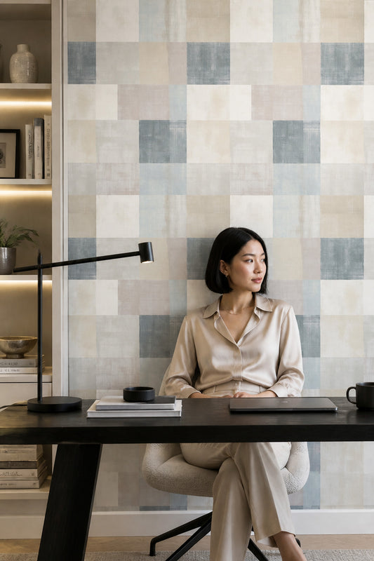Kare Geometrik Duvar Kağıdı Mavi Bej Modern Salon