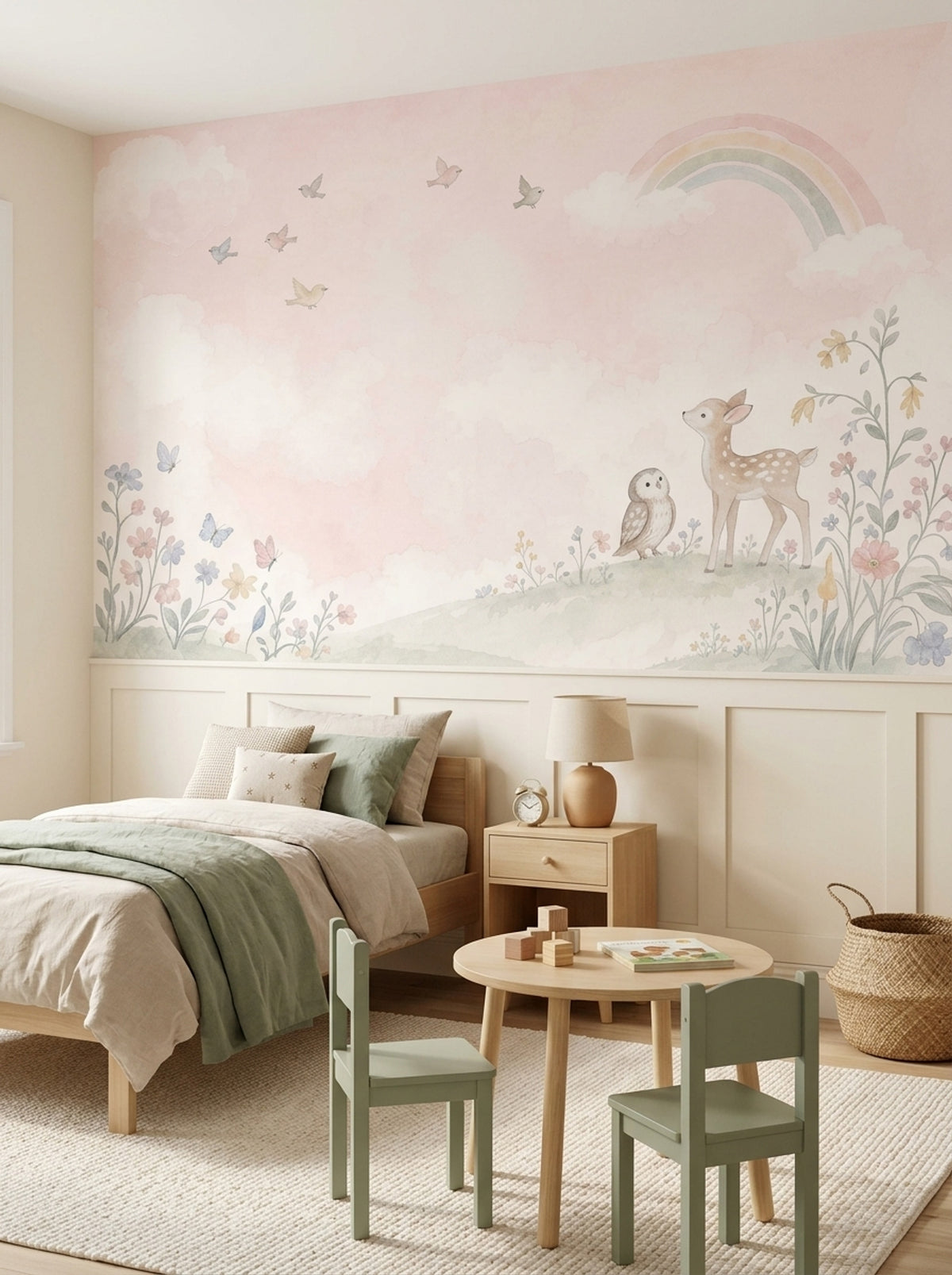 Gökkuşağı Bulutlu Ceylanlı Poster Duvar Kağıdı Pastel Çocuk Odası