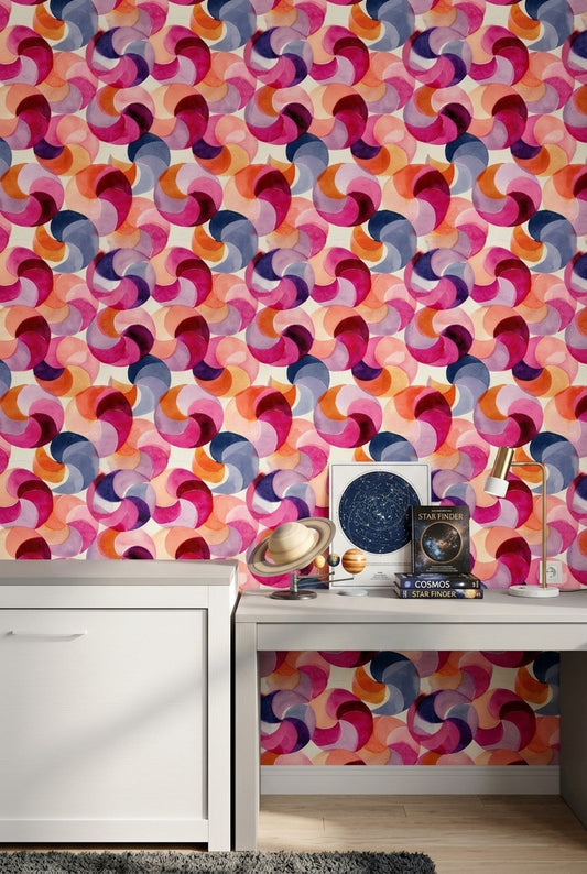 Renkli Geometrik Duvar Kağıdı Modern Dairesel Desenli Salon