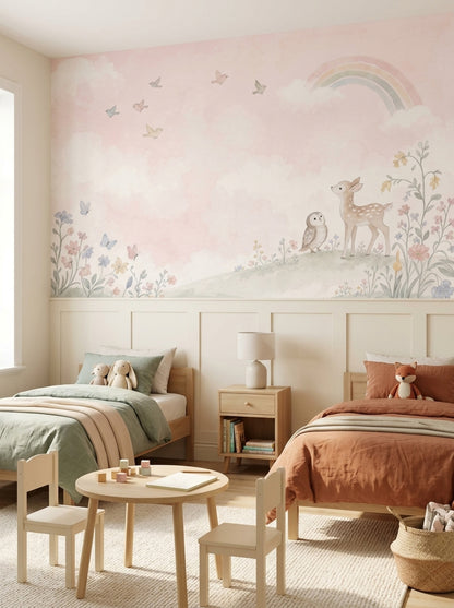 Gökkuşağı Bulutlu Ceylanlı Poster Duvar Kağıdı Pastel Çocuk Odası
