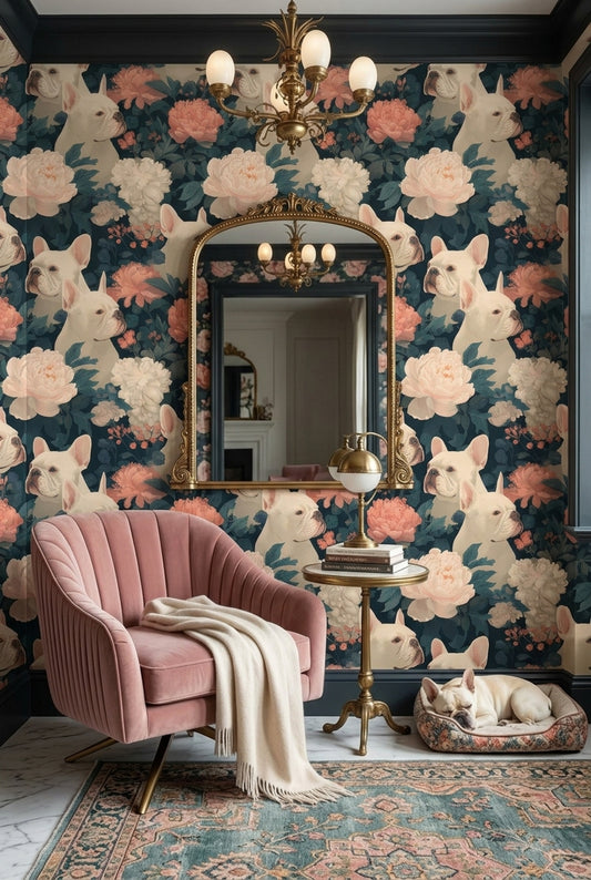Fransız Bulldog ve Şakayık Duvar Kağıdı Lacivert Salon