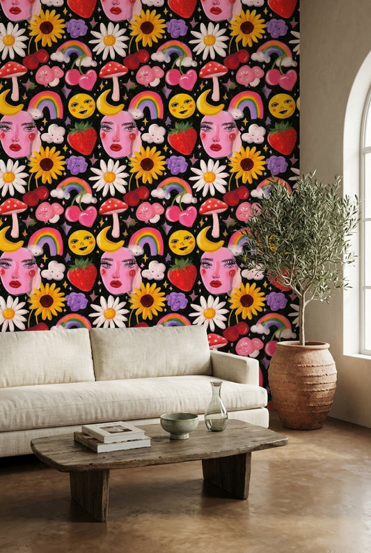 Renkli Pop Art Desenli Duvar Kağıdı Siyah Zemin
