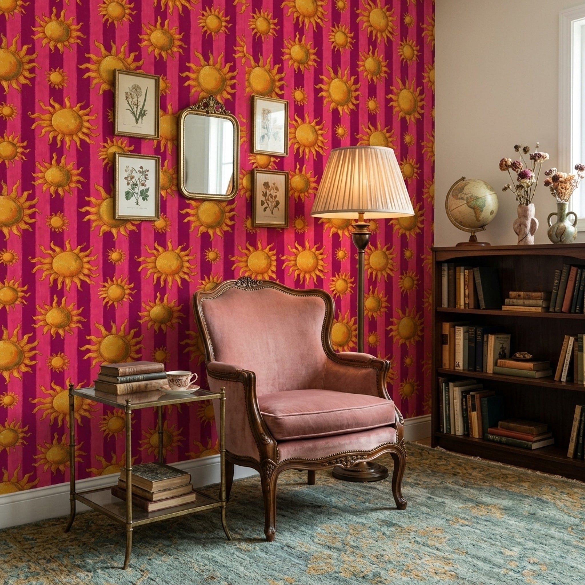 Güneş Motifli Duvar Kağıdı Fuşya Çizgili Retro Salon