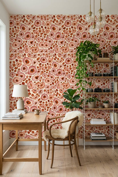 Suluboya Çiçekli Duvar Kağıdı Terracotta Pudra Desenli Salon