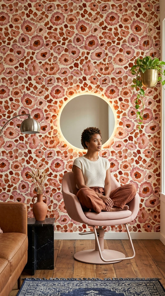 Suluboya Çiçekli Duvar Kağıdı Terracotta Pudra Desenli Salon