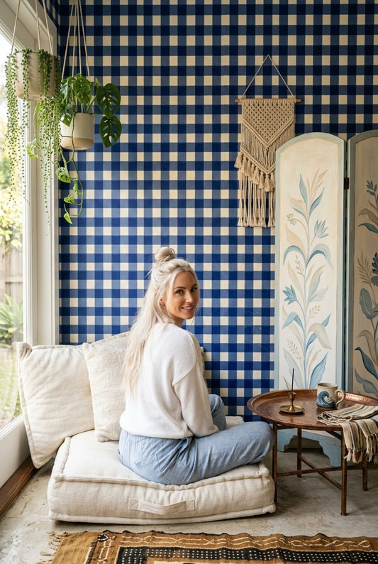 Lacivert Beyaz Kareli Duvar Kağıdı Modern Salon Dekoru
