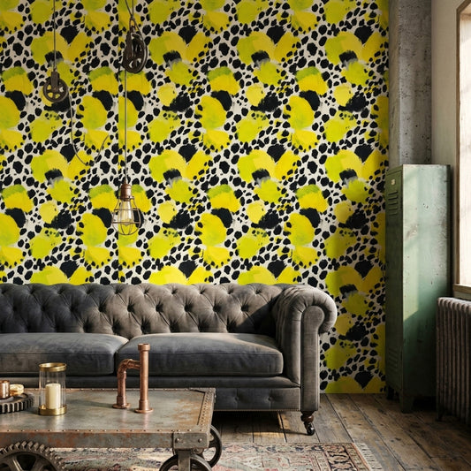 Sarı Siyah Leopar Desenli Duvar Kağıdı Modern Salon