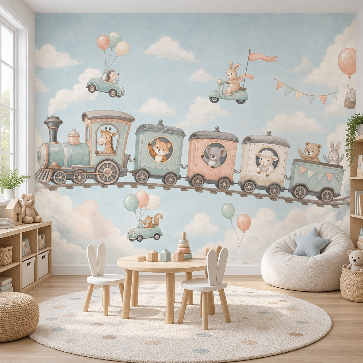 Hayvanlı Trenli Poster Duvar Kağıdı Pastel Mavi Çocuk Odası