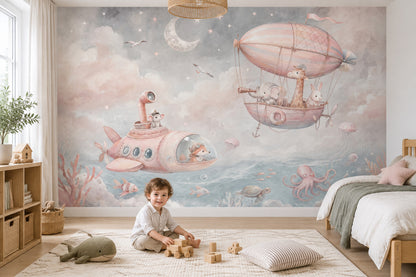 Uçan Balonlu Hayvanlar Poster Duvar Kağıdı Pastel Çocuk Odası