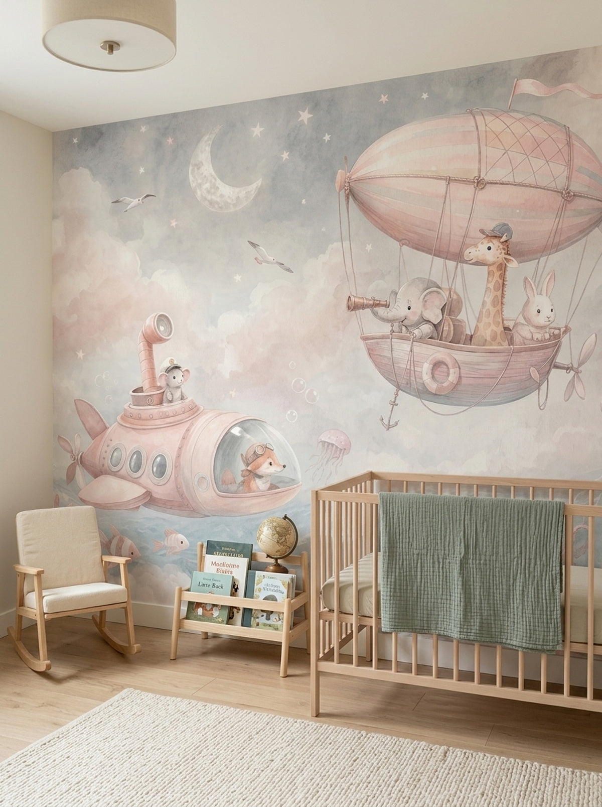 Uçan Balonlu Hayvanlar Poster Duvar Kağıdı Pastel Çocuk Odası