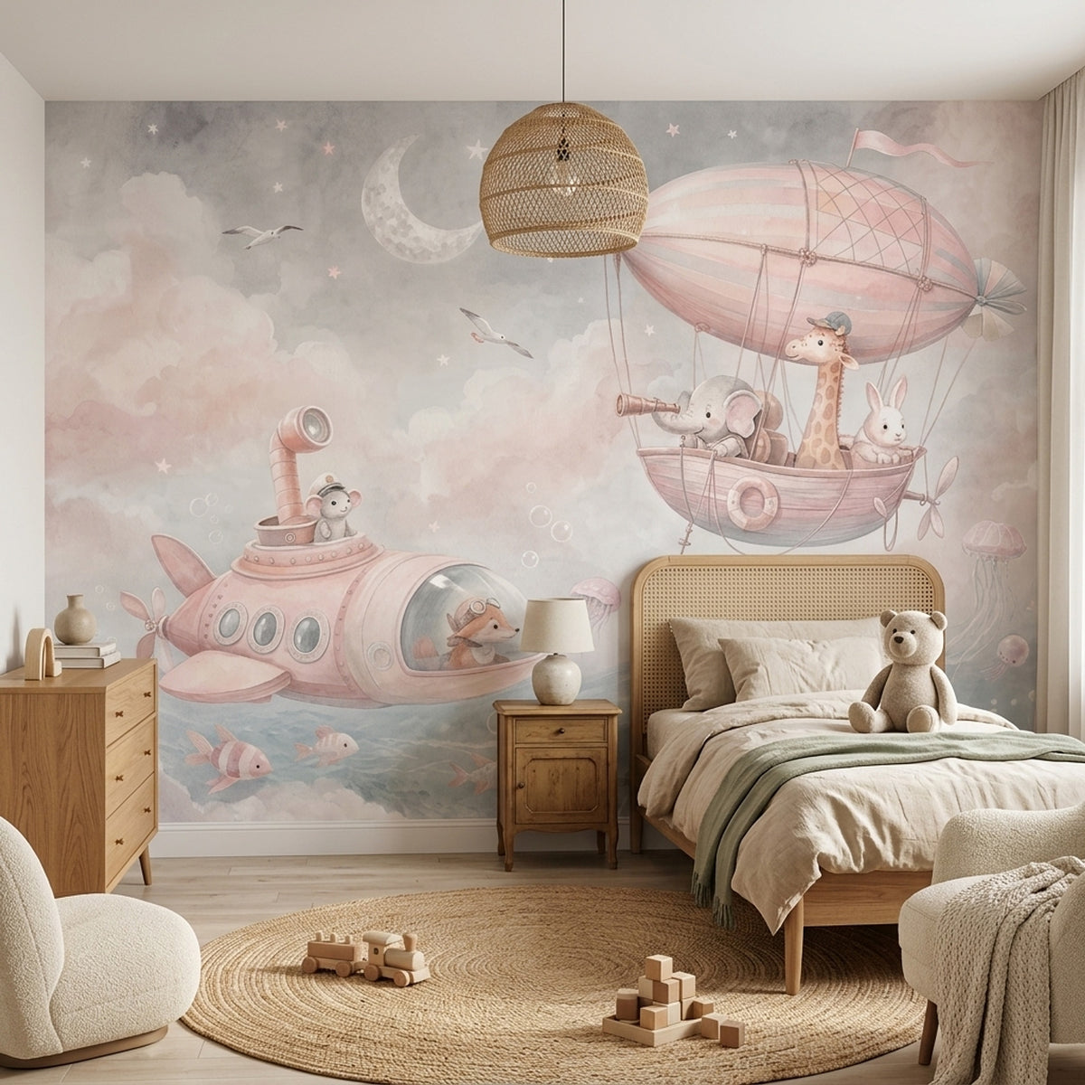 Uçan Balonlu Hayvanlar Poster Duvar Kağıdı Pastel Çocuk Odası