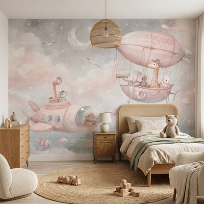 Uçan Balonlu Hayvanlar Poster Duvar Kağıdı Pastel Çocuk Odası