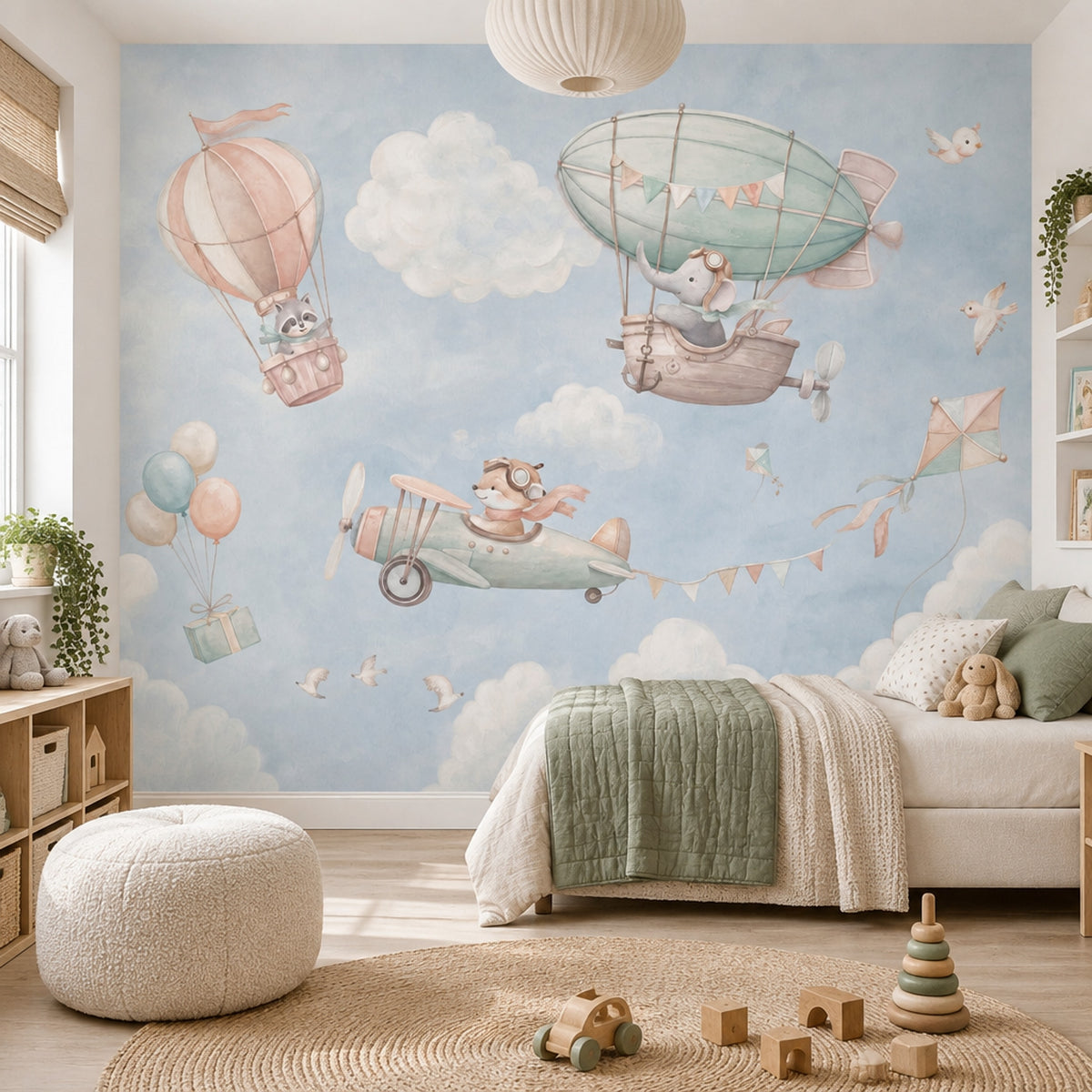 Uçan Balon ve Uçaklı Poster Duvar Kağıdı Mavi Çocuk Odası