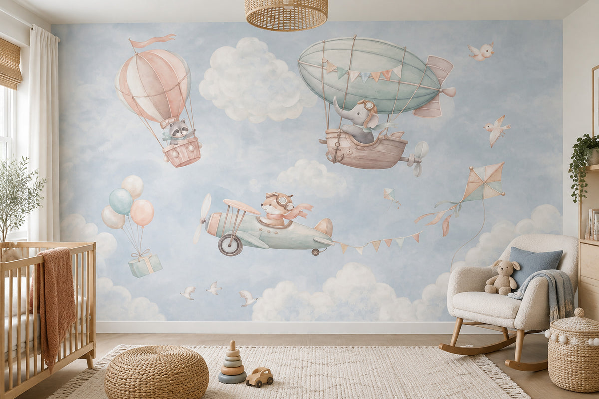Uçan Balon ve Uçaklı Poster Duvar Kağıdı Mavi Çocuk Odası