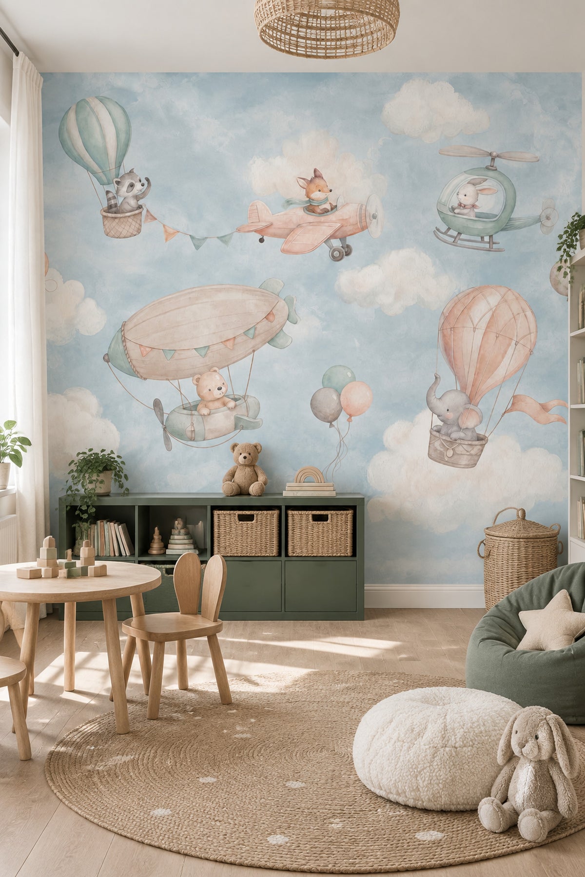 Uçan Balonlu Hayvanlar Poster Duvar Kağıdı Pastel Çocuk Odası