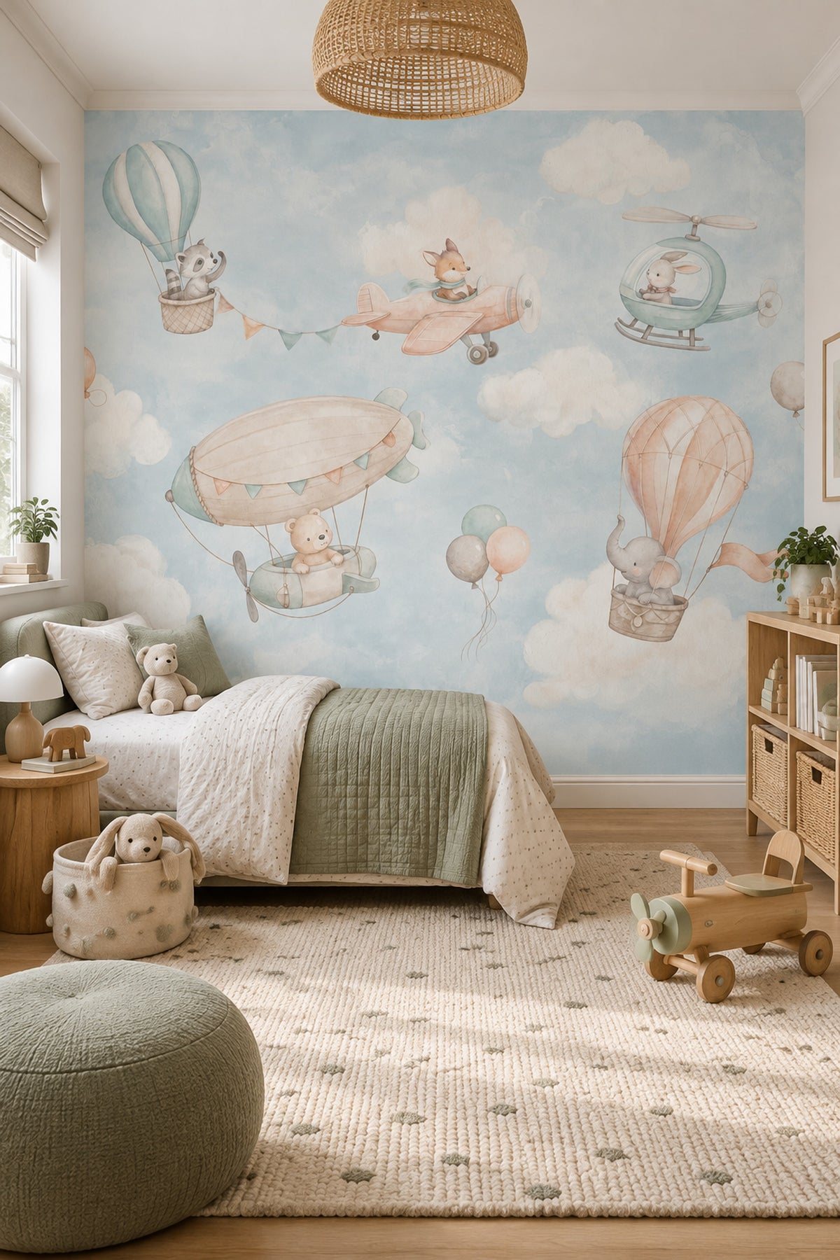 Uçan Balonlu Hayvanlar Poster Duvar Kağıdı Pastel Çocuk Odası