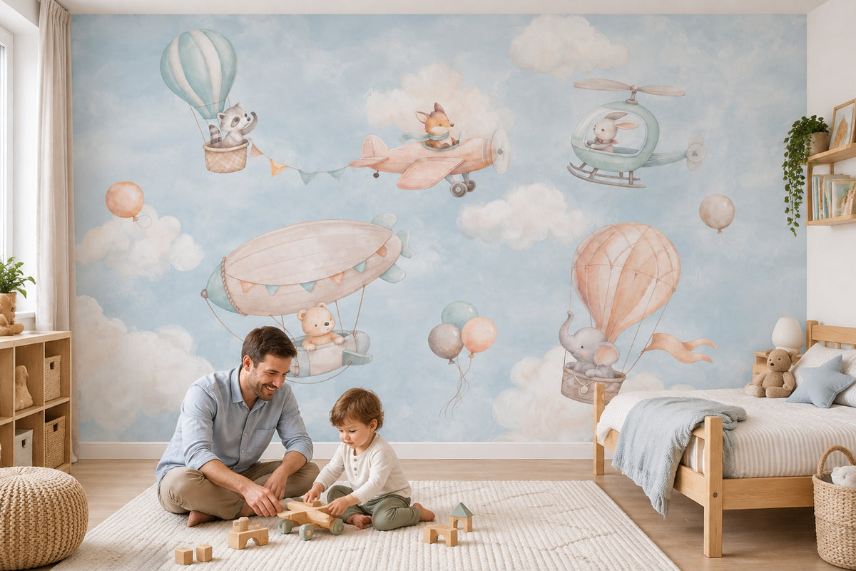 Uçan Balonlu Hayvanlar Poster Duvar Kağıdı Pastel Çocuk Odası