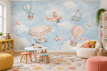 Uçan Balonlu Hayvanlar Poster Duvar Kağıdı Pastel Çocuk Odası