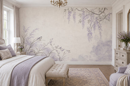 Mor Salkımlı Kuşlu Poster Duvar Kağıdı Pastel Salon Duvarı