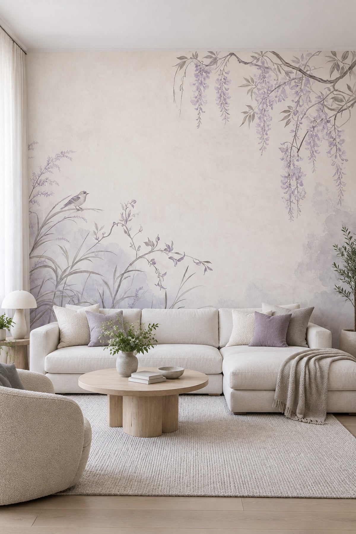 Mor Salkımlı Kuşlu Poster Duvar Kağıdı Pastel Salon Duvarı