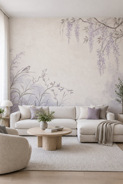 Mor Salkımlı Kuşlu Poster Duvar Kağıdı Pastel Salon Duvarı