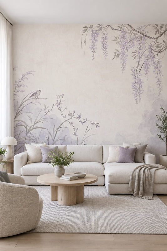 Mor Salkımlı Kuşlu Poster Duvar Kağıdı Pastel Salon Duvarı