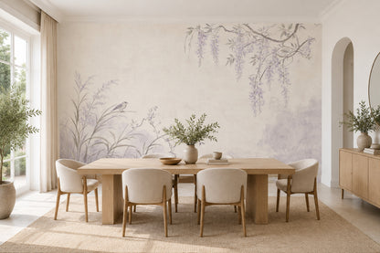 Mor Salkımlı Kuşlu Poster Duvar Kağıdı Pastel Salon Duvarı