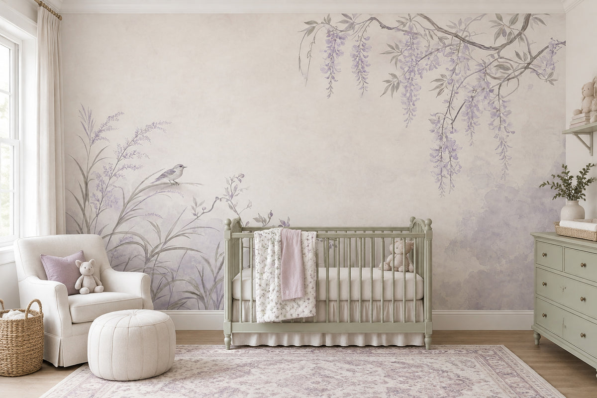 Mor Salkımlı Kuşlu Poster Duvar Kağıdı Pastel Salon Duvarı
