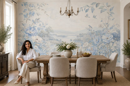 Mavi Çiçekli Manzara Poster Duvar Kağıdı Salon Duvar Dekoru