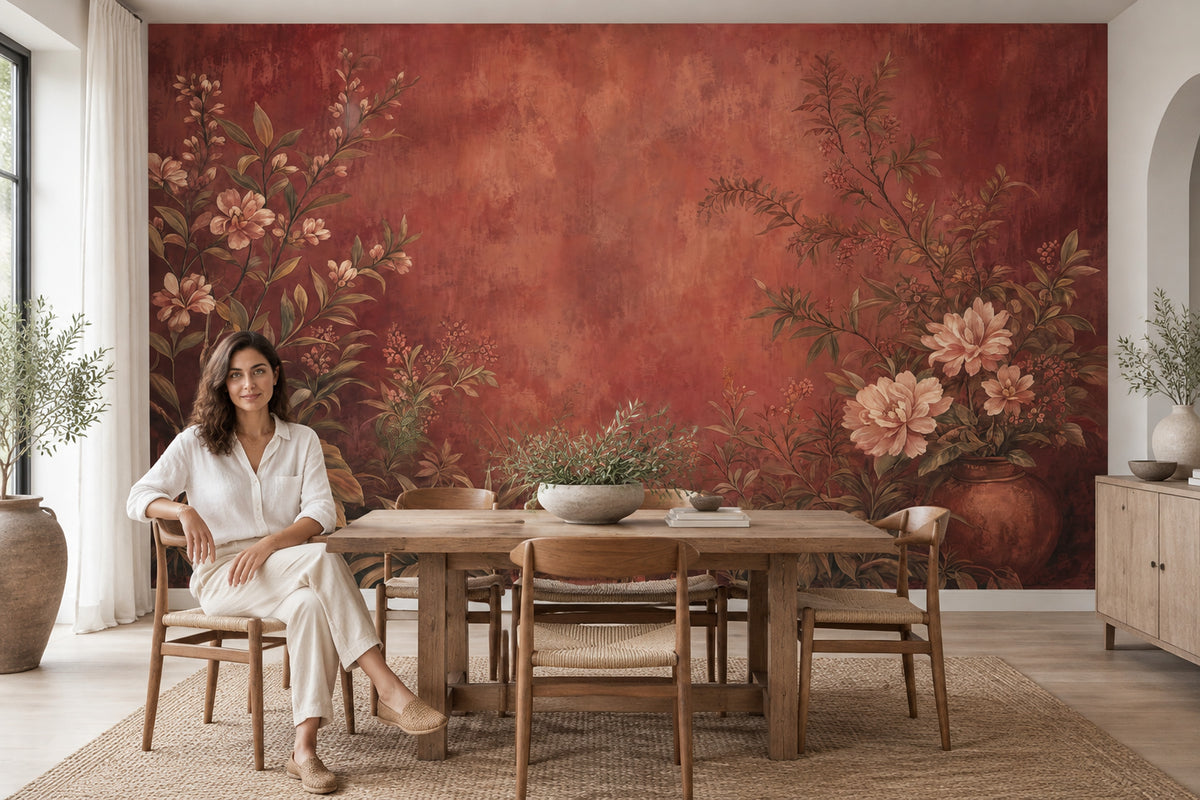 Bordo Çiçek Desenli Poster Duvar Kağıdı Salon Duvarı