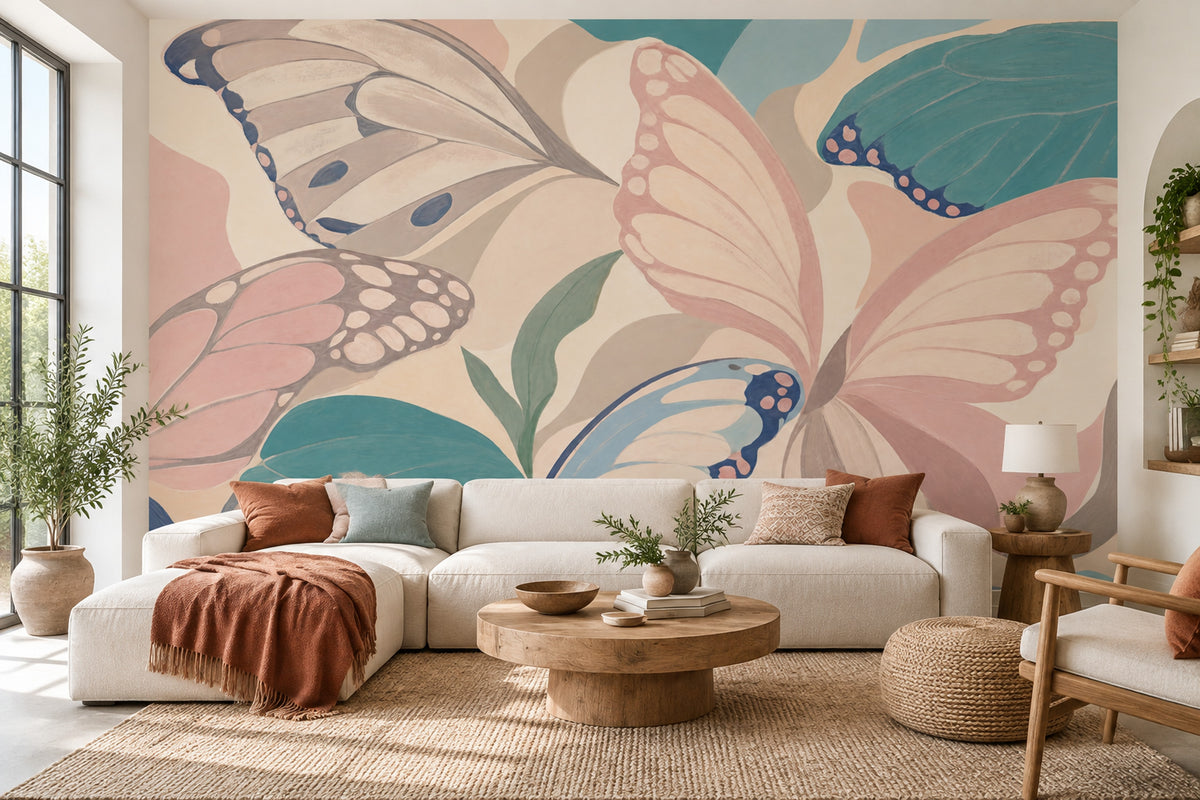 Pastel Kelebekli Poster Duvar Kağıdı Pembe Yeşil Salon
