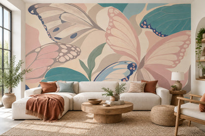 Pastel Kelebekli Poster Duvar Kağıdı Pembe Yeşil Salon