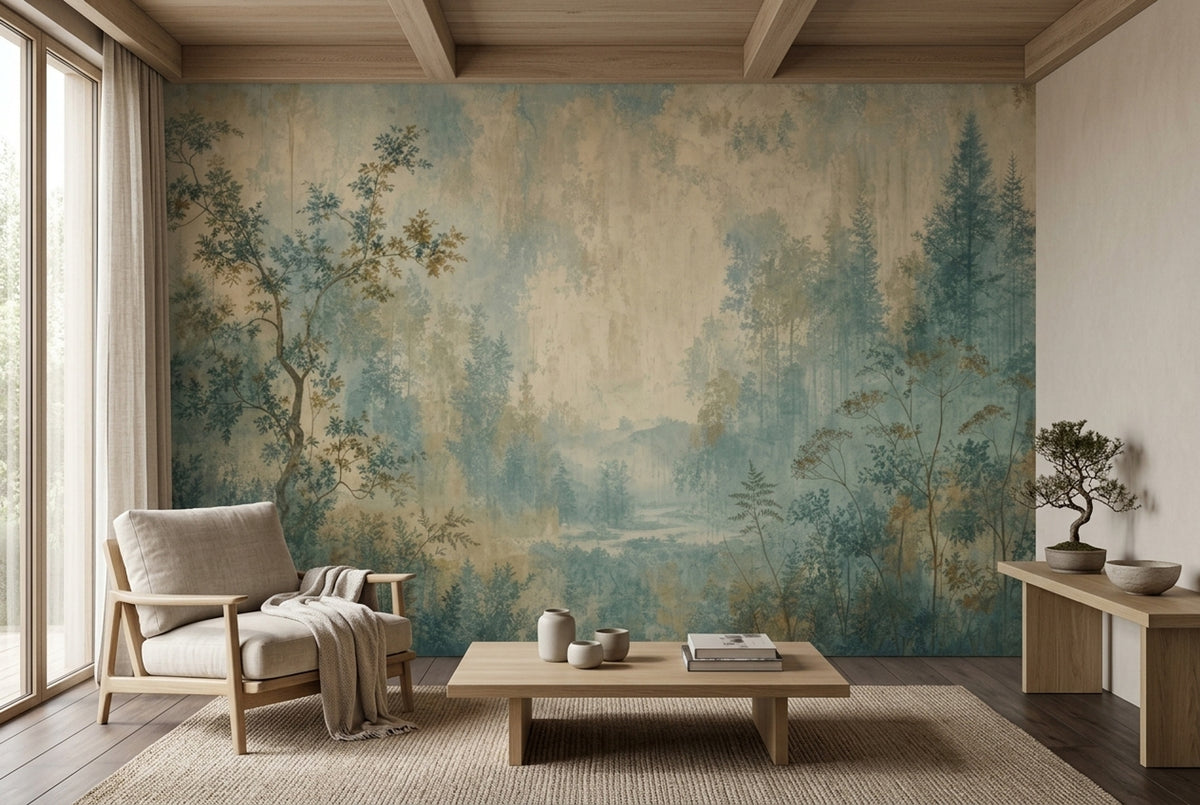 Sisli Orman Manzaralı Poster Duvar Kağıdı Yeşil Bej Salon