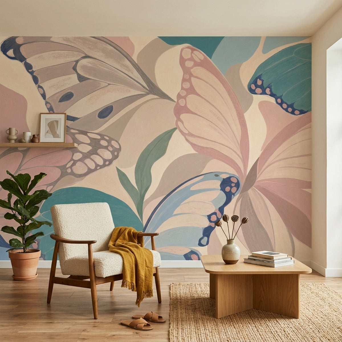 Pastel Kelebekli Poster Duvar Kağıdı Pembe Yeşil Salon