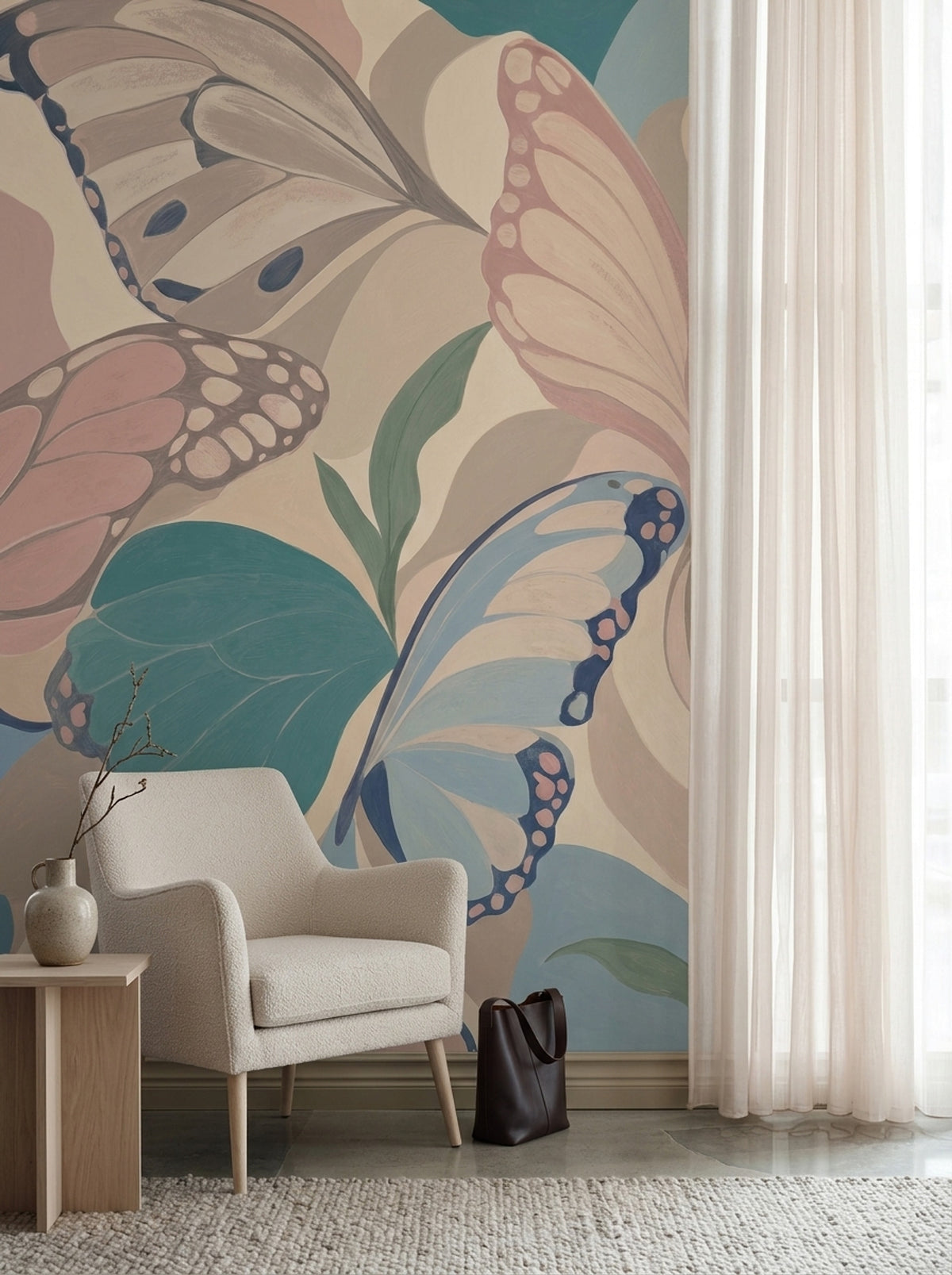 Pastel Kelebekli Poster Duvar Kağıdı Pembe Yeşil Salon
