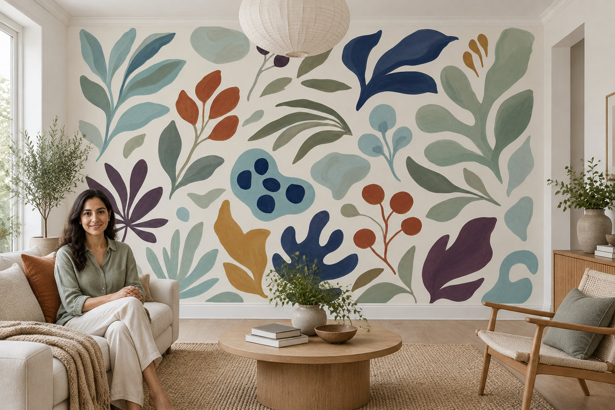 Renkli Botanik Poster Duvar Kağıdı Modern Yaprak Desenli Salon