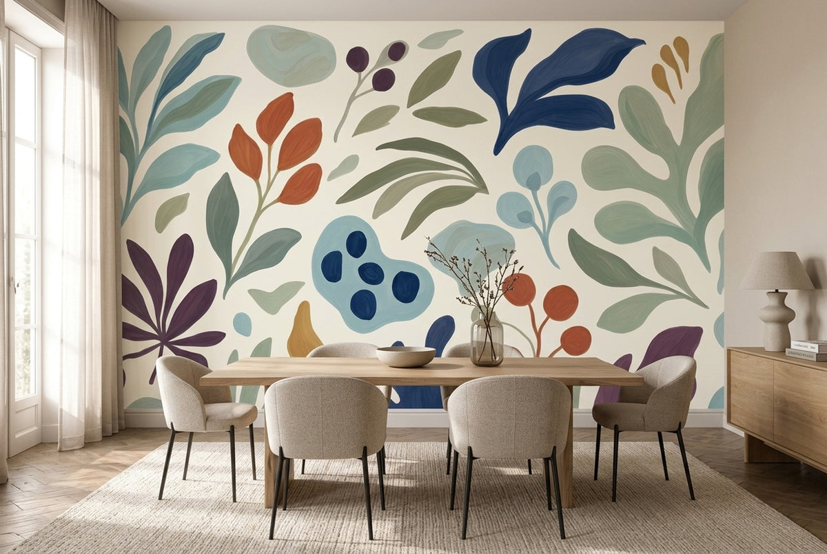 Renkli Botanik Poster Duvar Kağıdı Modern Yaprak Desenli Salon