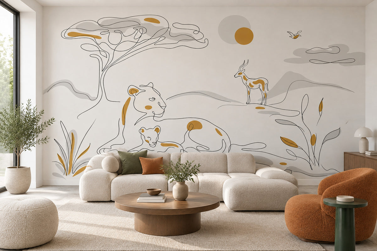Minimal Safari Çizimli Poster Duvar Kağıdı Bej Salon Duvarı
