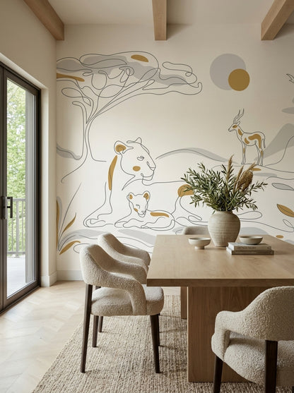 Minimal Safari Çizimli Poster Duvar Kağıdı Bej Salon Duvarı