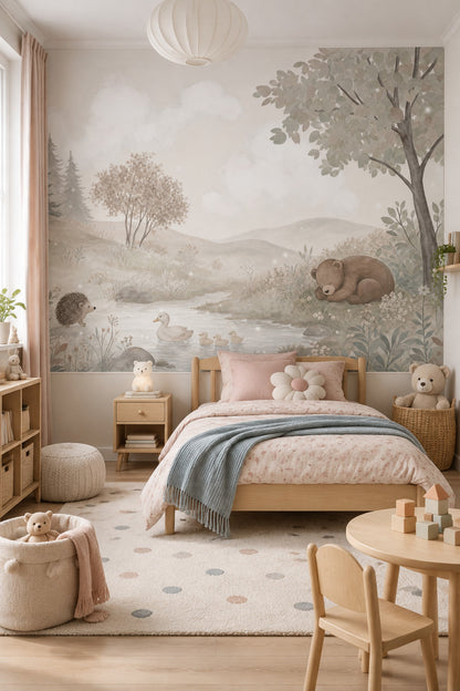 Orman Hayvanlı Poster Duvar Kağıdı Pastel Çocuk Odası